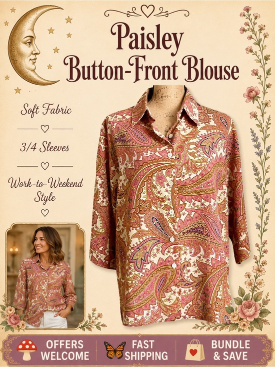 Bon Worth Tops - BonWorth Paisley Blouse Button‑Front 3/4 Sleeves Pink & Cream XL